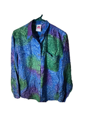 vintage lady foot locker silk Colorful colour block Button-Up Shirt size small